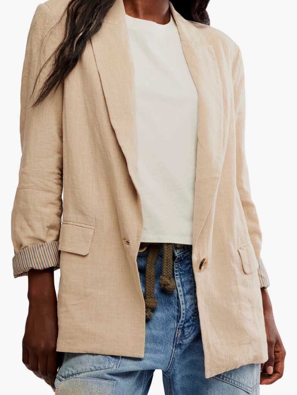 Free People Beige Relaxed Prep School Linen-Blend Blazer